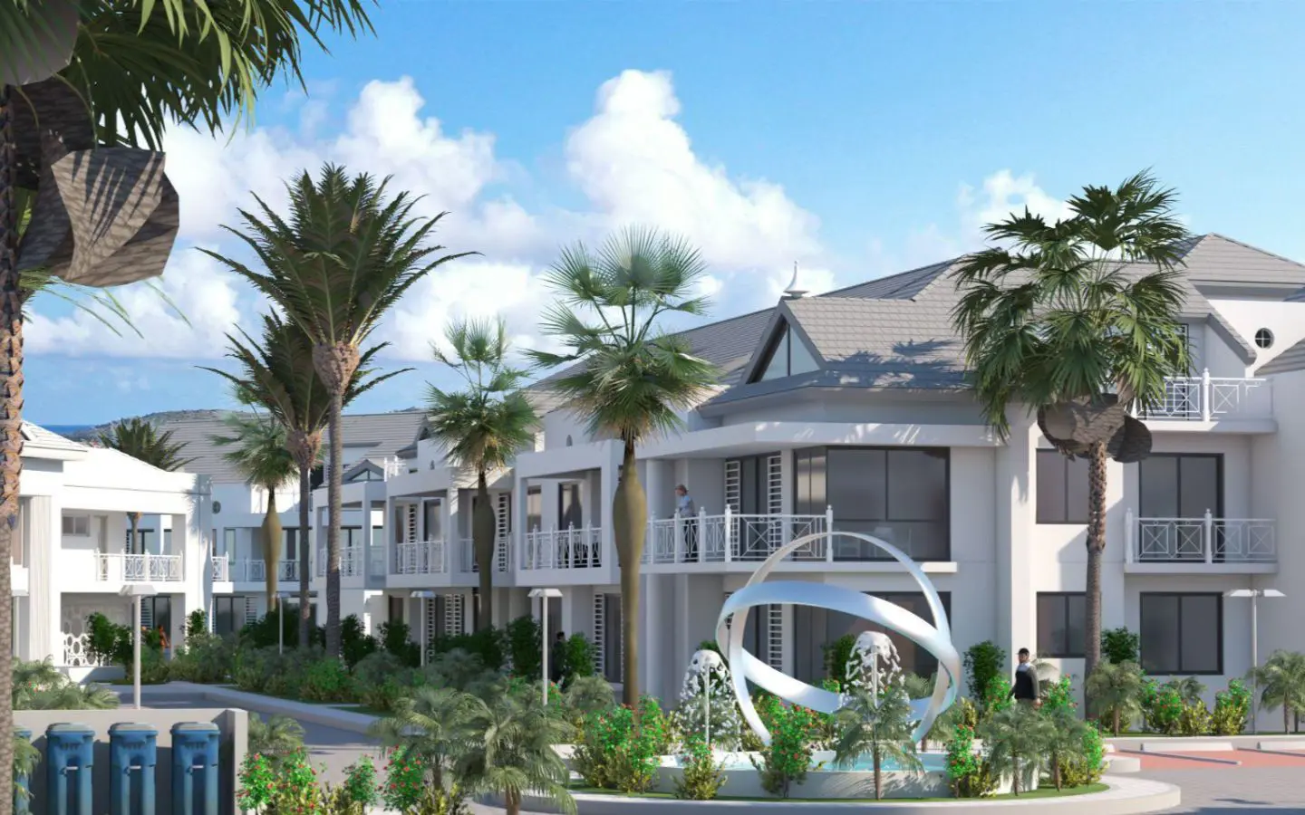 Architectural rendering of the Moon courtyard at Zira with the sculpture fountain, Noord, Aruba