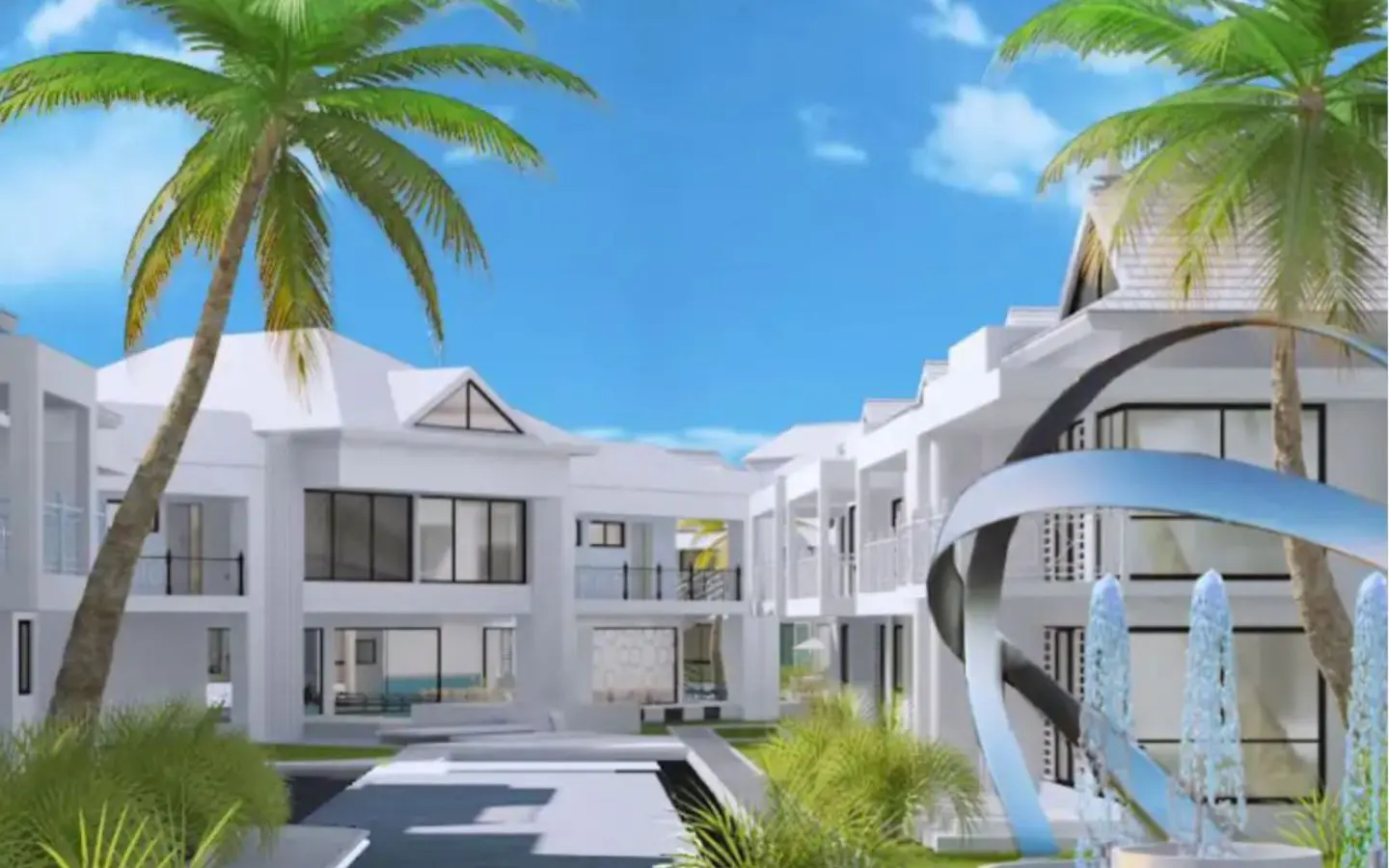 Street-level rendering of the Moon residences and fountain with the sea on the horizon, Noord