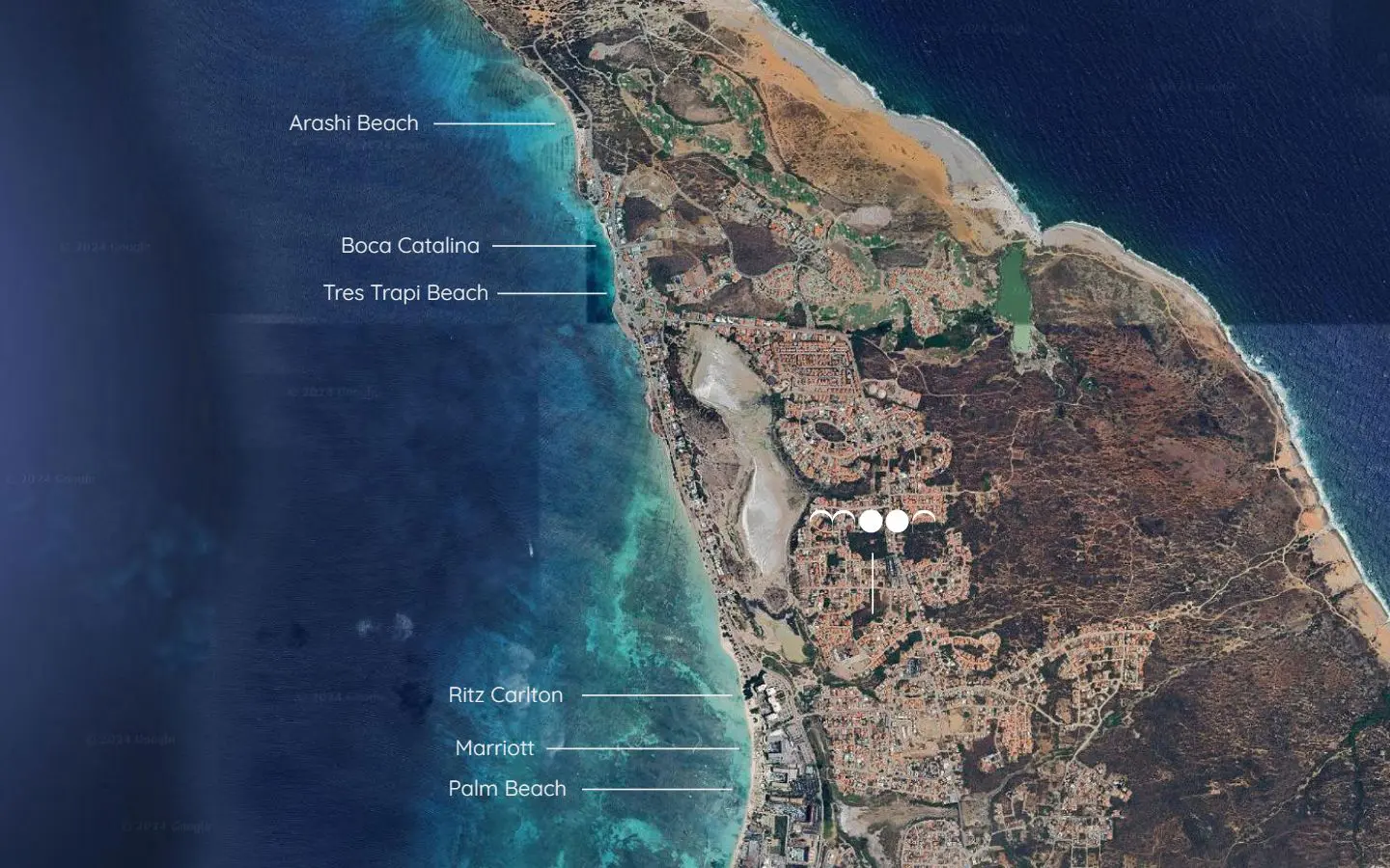 Map showing Moon in Noord in relation to Arashi Beach, Boca Catalina, Tres Trapi and Palm Beach