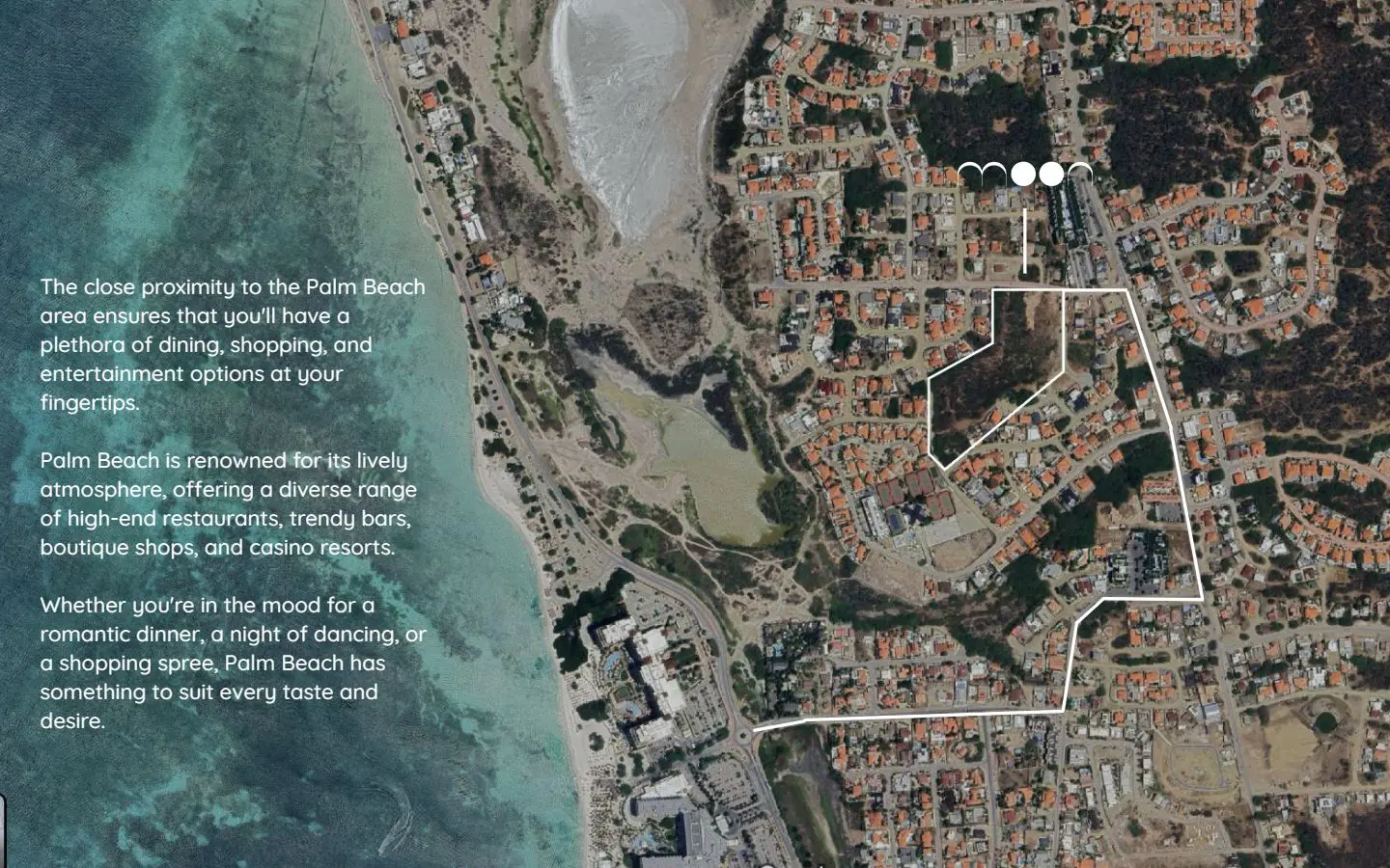 Map with the Moon site outlined, showing its position inland of the Palm Beach hotel strip in Noord