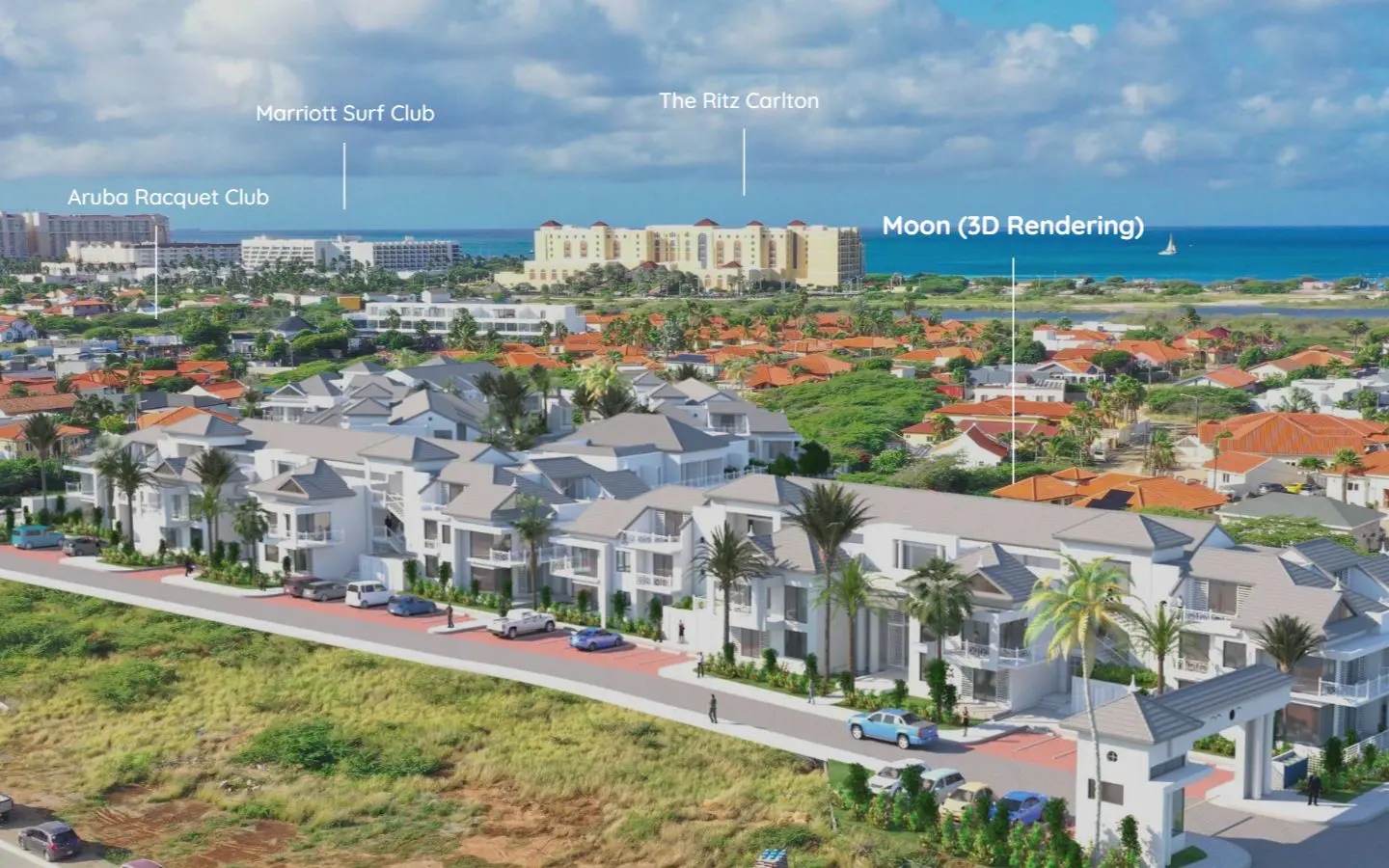 Aerial rendering of Moon with the Ritz-Carlton, Marriott Surf Club and Aruba Racquet Club beyond