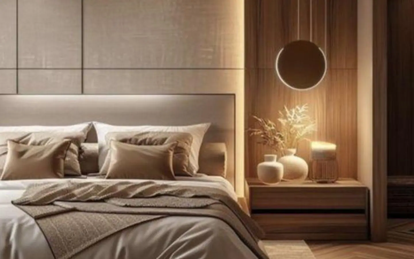 Furnished bedroom includes a bed, mattress, nightstands, dresser, chair, rug, table lamps, artwork, and decorative accessories.