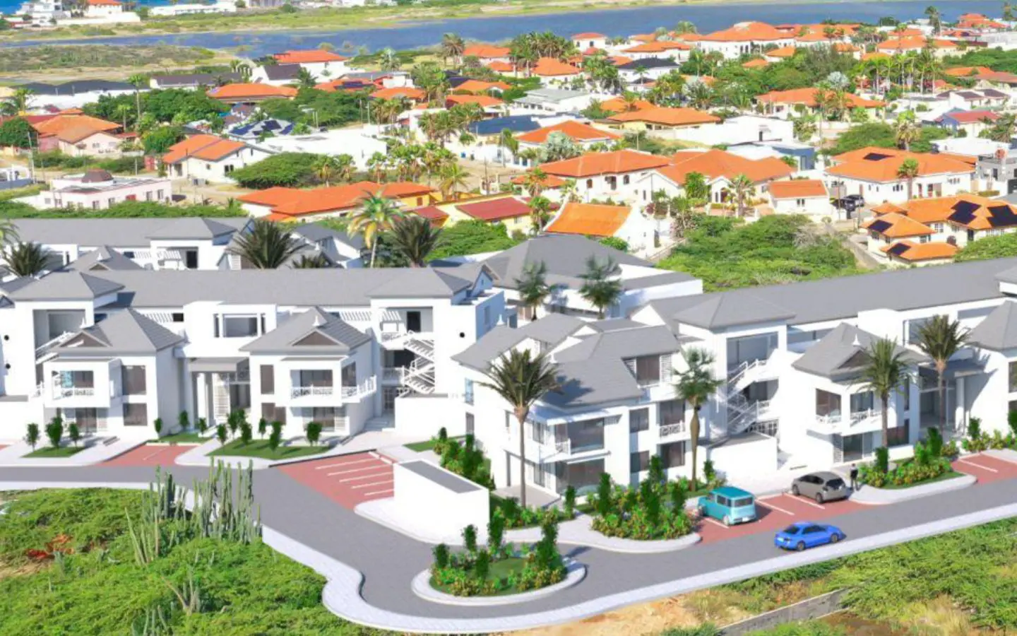 Aerial rendering of the Moon community buildings and parking with the Noord neighbourhood beyond