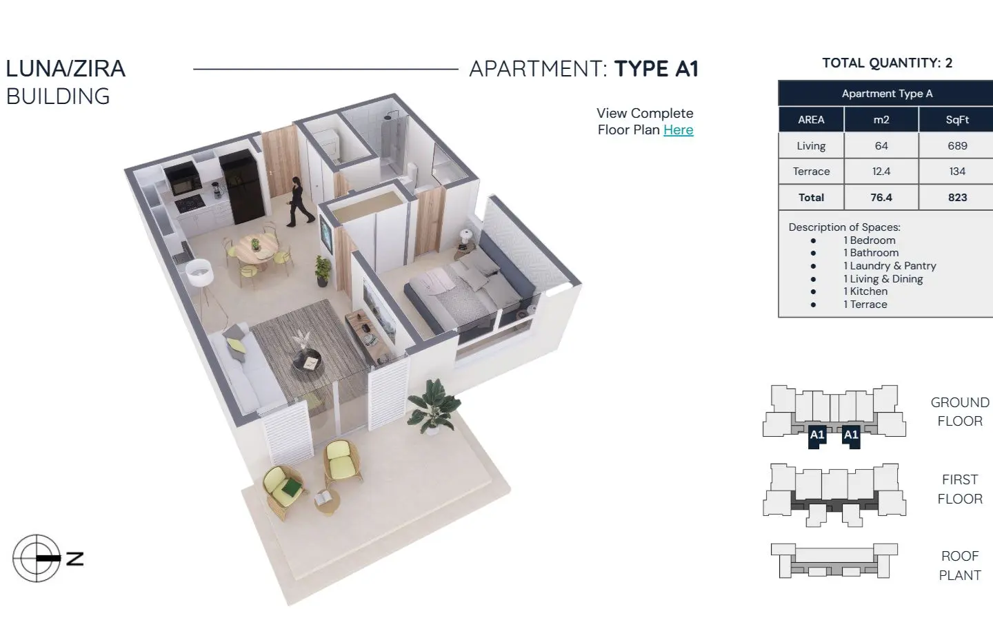 Floor plan for Zira Type A1, a 1-bedroom residence of 76.4 m2 total including terrace
