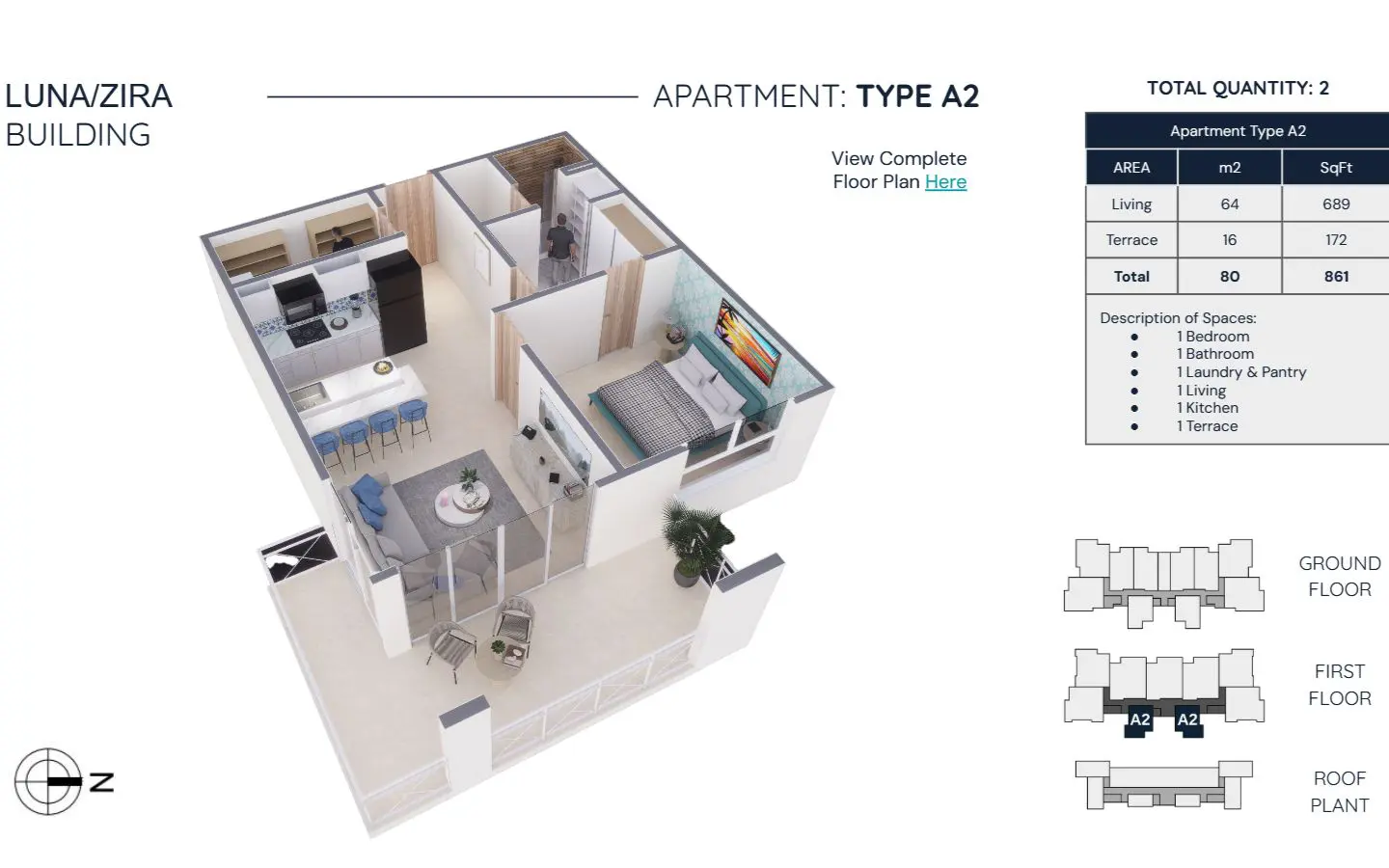 Floor plan for Zira Type A2, a 1-bedroom residence of 80 m2 total with a 16 m2 terrace