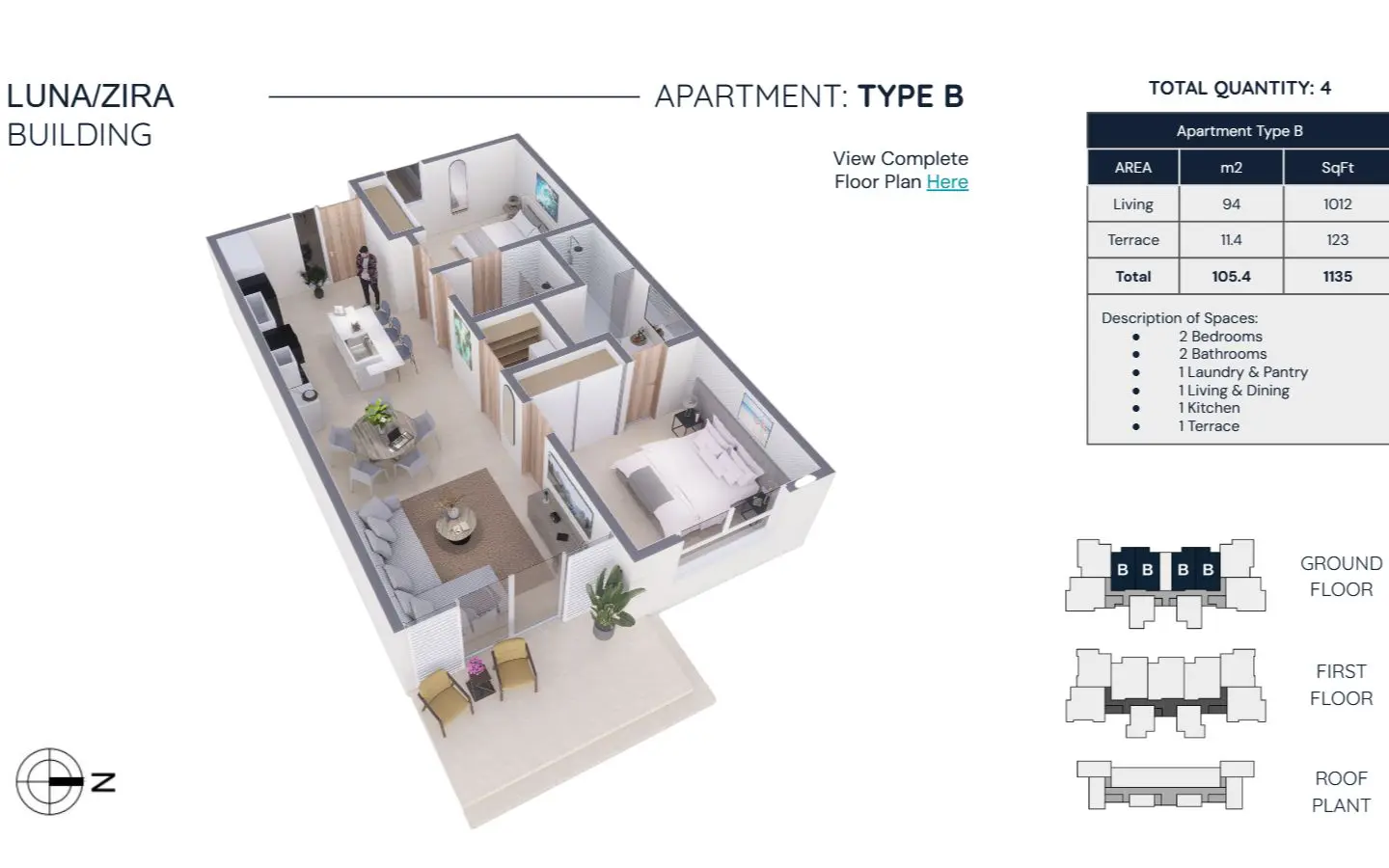 Floor plan for Zira Type B, a 2-bedroom, 2-bathroom residence of 105.4 m2 total