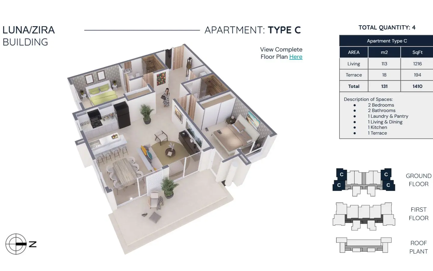 Floor plan for Zira Type C, a 2-bedroom corner residence of 131 m2 total with an 18 m2 terrace