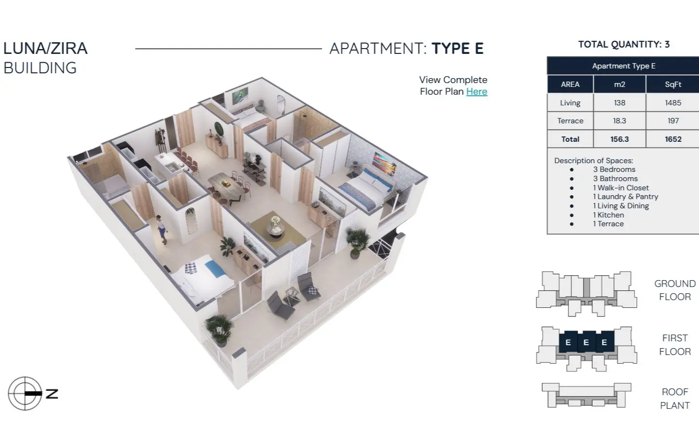 Floor plan for Zira Type E, a 3-bedroom, 3-bathroom residence of 156.3 m2 total