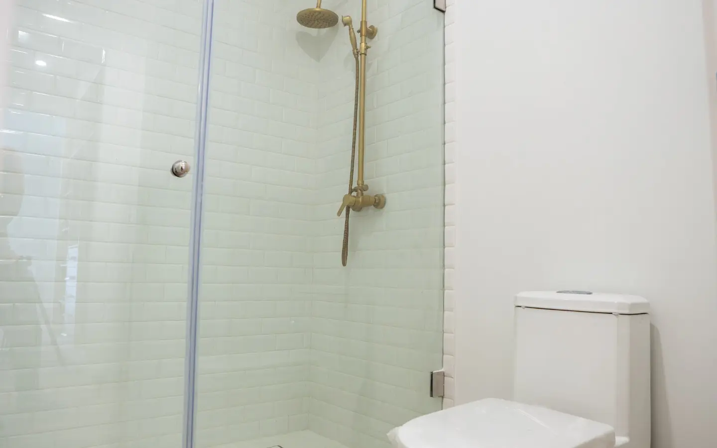 Second bathroom finished in white subway tile with a glass shower enclosure and brass fittings