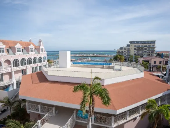 View from inside the condo through the terrace door to the arched balcony and balustrade