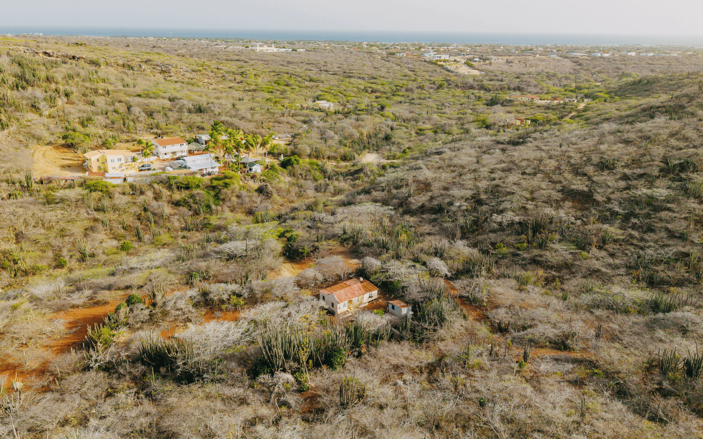 Aerial view over the property toward the south coast of Aruba near Savaneta