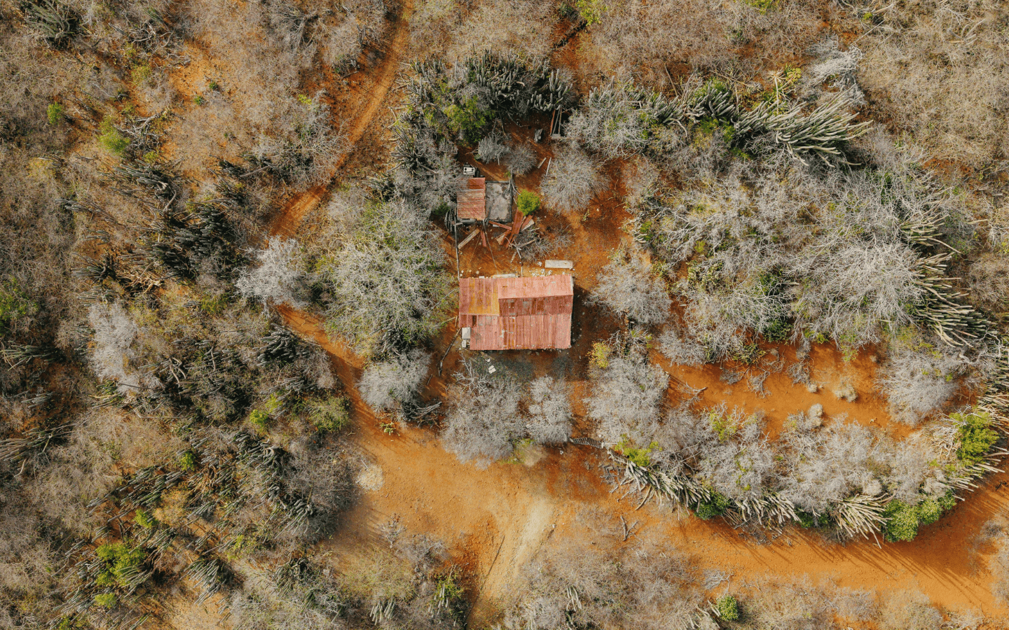 Bird's eye drone view of the roof and the access roads reaching the property