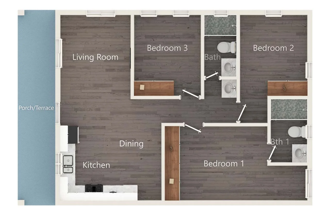 Labelled floor plan of Villa Nassau showing three bedrooms, two bathrooms, living, dining, kitchen and porch
