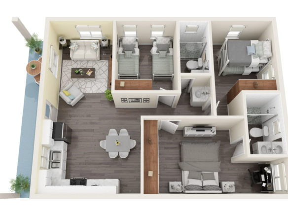 Furnished 3D floor plan of Villa Nassau with the living area, twin bedroom, primary bedroom and terrace