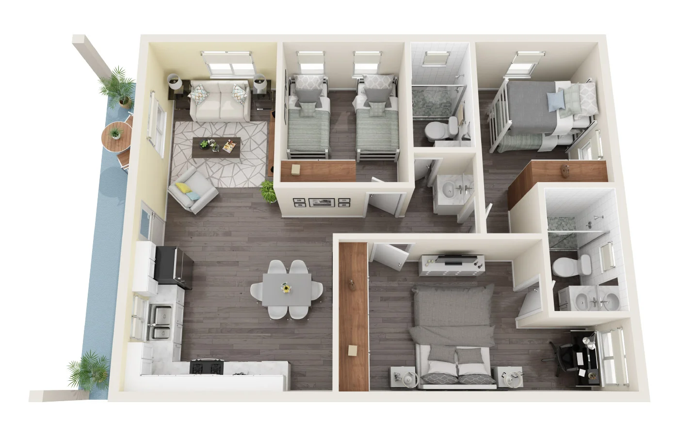 Furnished 3D floor plan of Villa Nassau with the living area, twin bedroom, primary bedroom and terrace