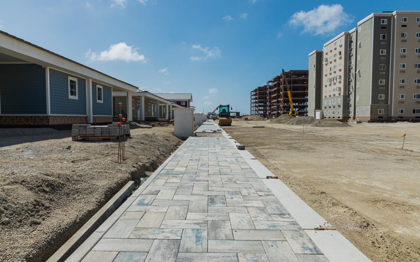 Newly laid paved walkway running past the villas at Caribbean Town